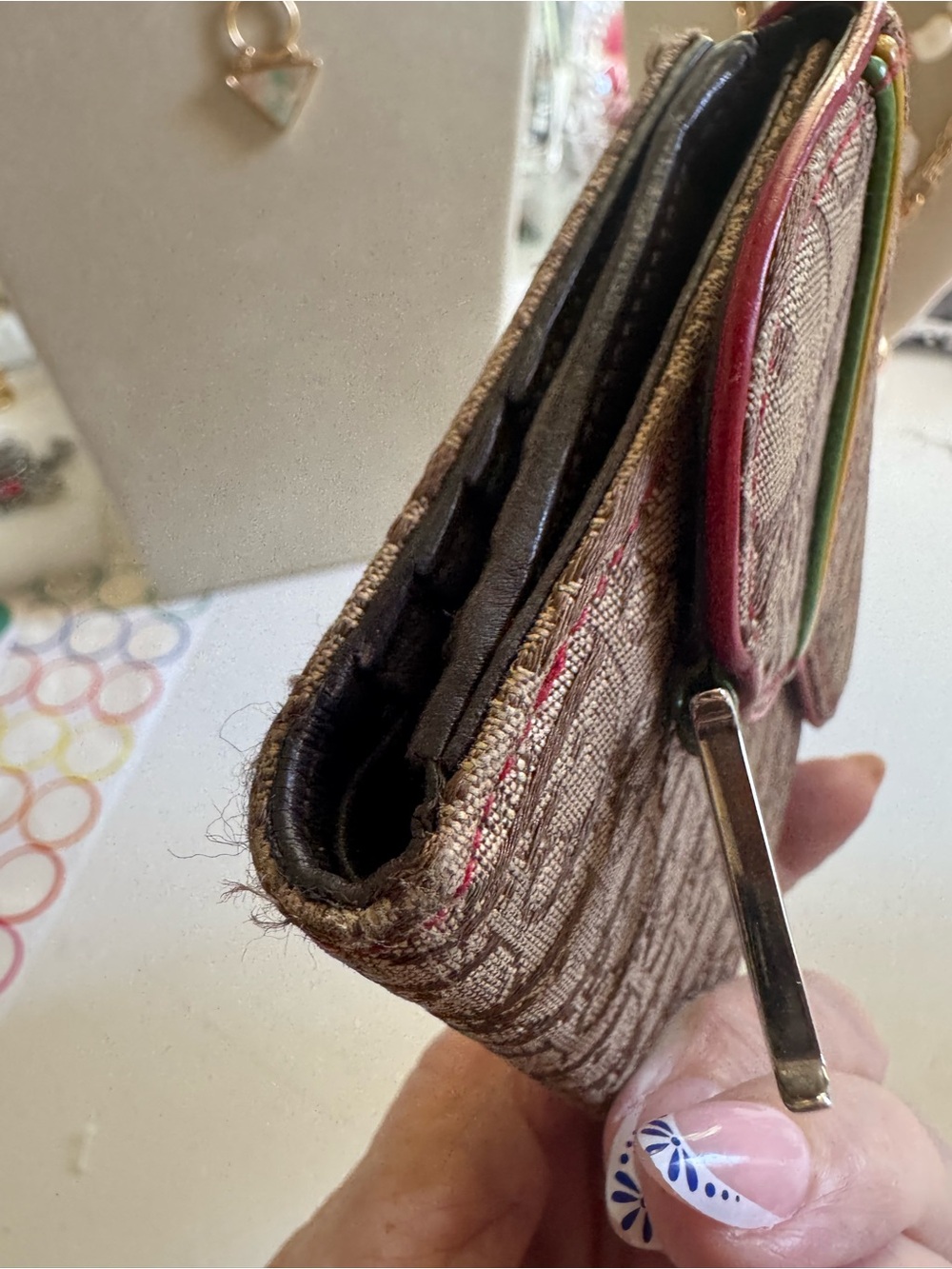Dior Brown Monogram Canvas Tri fold Wallet with Red Trim and Green-Yellow Accent - Picture 10 of 13